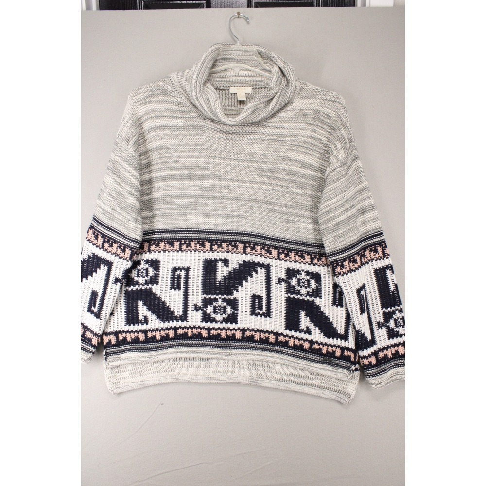 Forever 21 Cowl Neck Sweater Womens Medium Gray Navy Fair Isle Boho Cozy